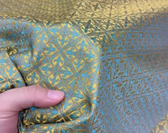 Brocade fabric, blue gold pattern brocade fabric, cosplay dress fabric, Jacquard Fabric, by the yard