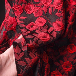 Black red color jacquard fabric with rose pattern, fashion jacket jacquard fabric, by the yard