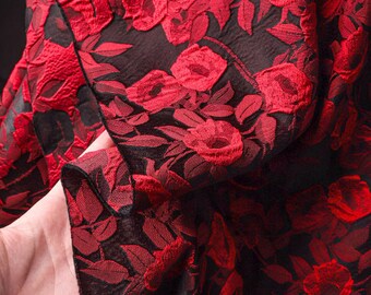 Black red color jacquard fabric with rose pattern, fashion jacket jacquard fabric, by the yard