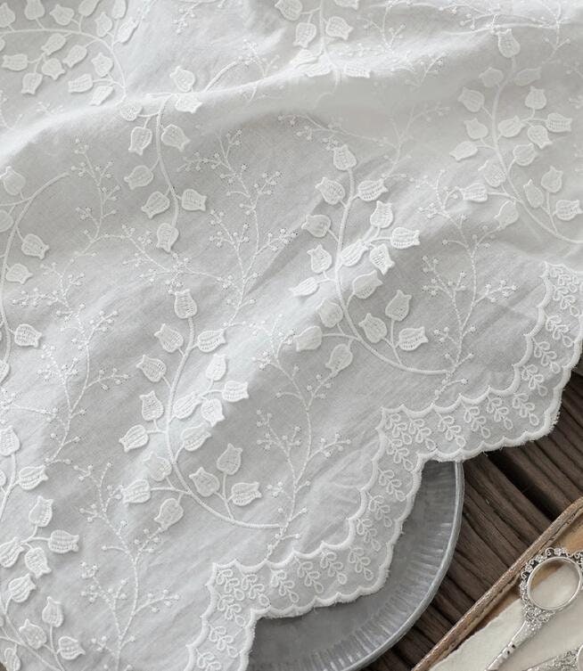 SALE, 100% cotton fabric, off-white color floral embroidery, handmade cotton fabric, DIY dress fabric, scallop edge fabric, for doll sewing