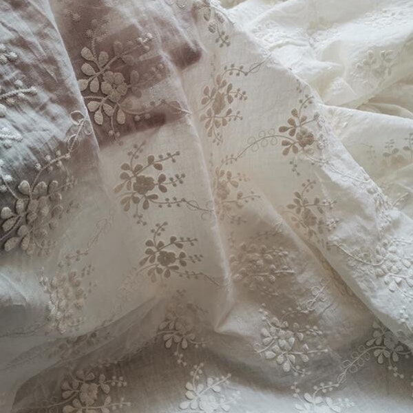 SALE, Off-white color cotton fabric, thin embroidered cotton fabric, for wedding, by the yard