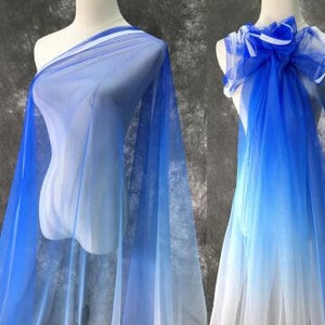 Blue white color gradient mesh fabric, wedding party dress fabric, soft mesh fabric, by the yard
