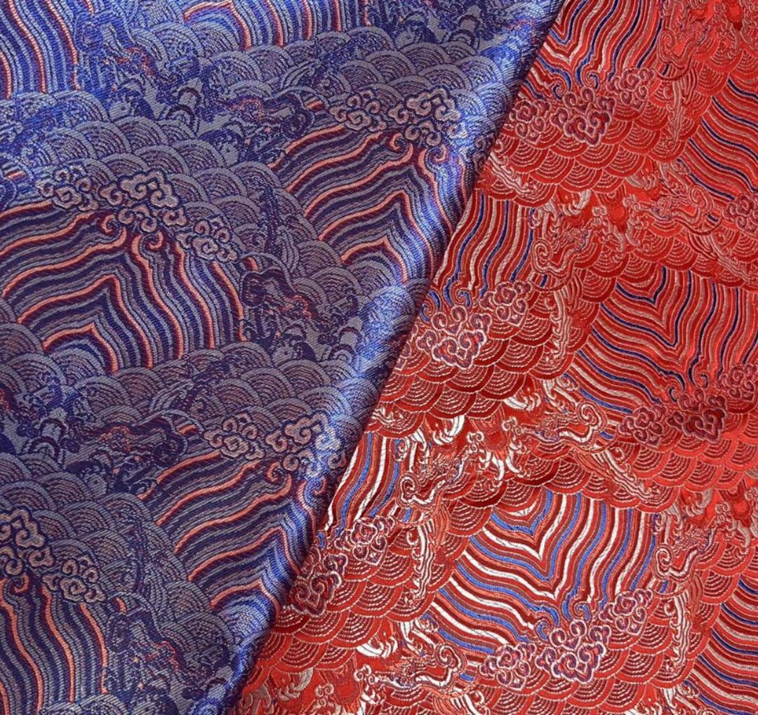 Red Blue Color Brocade With Wave Pattern, Jacquard Fabric, Tang-suit ...