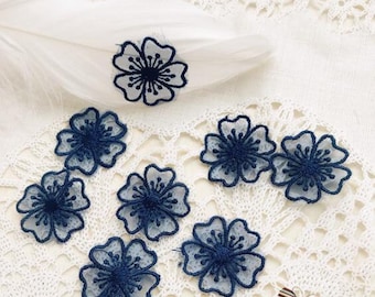 Navy blue flower patch, applique, for 5 pcs