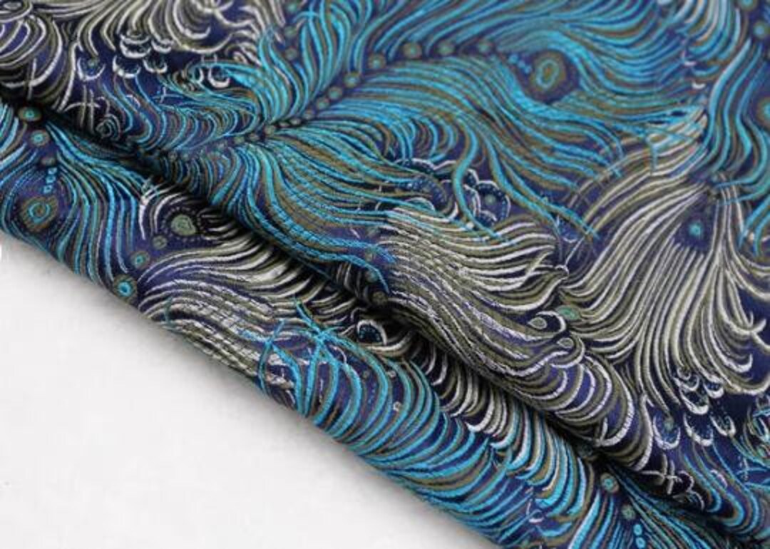 Retro Blue Color Brocade Fabric With Peacock Feather Pattern, Jacquard ...
