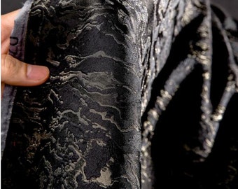 Tejido jacquard de dos caras en color negro y dorado, tejido jacquard con estampado de ondas, tejido para vestido de otoño, tejido cortado a medida.