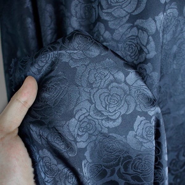 Bright soft rose pattern fabric, dark navy blue fabric,  smooth jacquard fabric