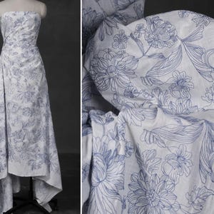 SALE, 100% off-white color cotton fabric with blue color embroidery flower, wedding dress fabric, fabric by the yard