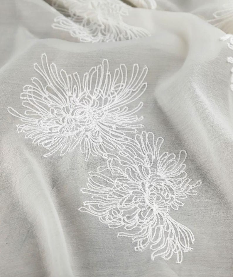 Apricot Chrysanthemum Embroidery Tencel Mesh Transparent Jacquard Elegant Shirt Dress Half Skirt Designer Fabric image 6
