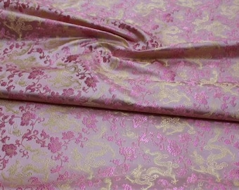 Pink gold color brocade fabric with Chinese dragon pattern, jacquard fabric, by the yard