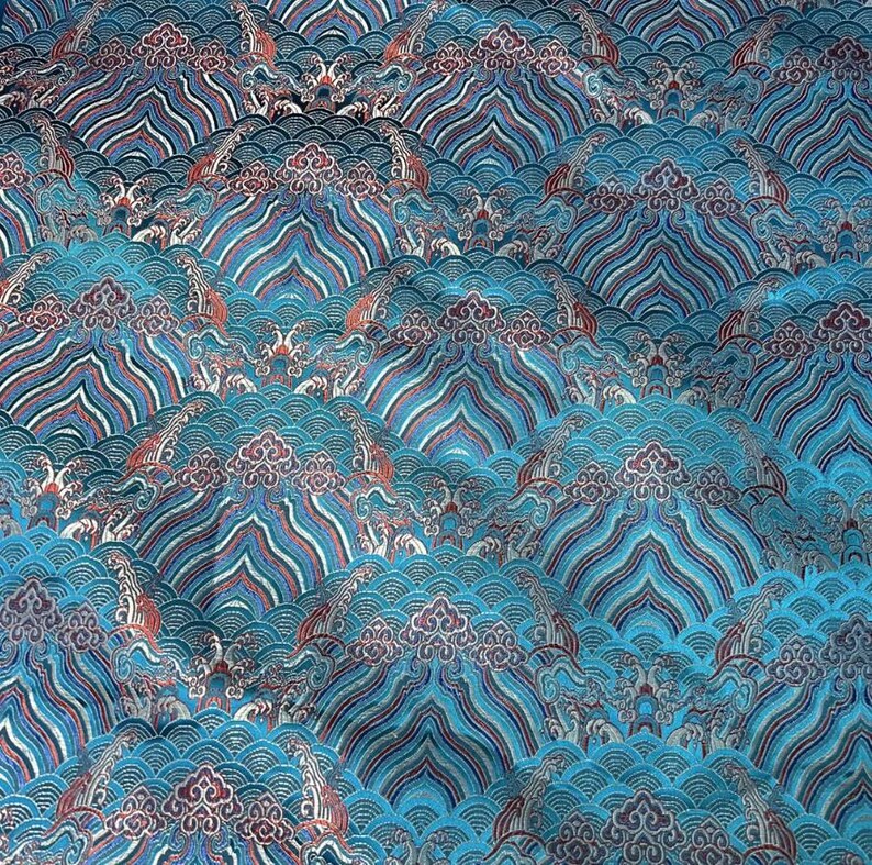Retro Blue Color Brocade With Wave Pattern, Jacquard Fabric, Tang-suit ...