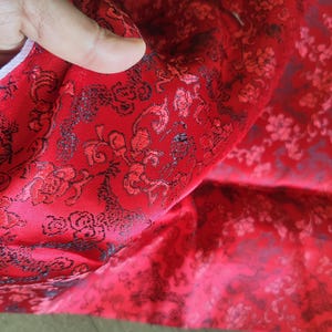 Red color brocade fabric with Chinese black color dragon pattern, jacquard fabric, Cosplay dress fabric, by the yard