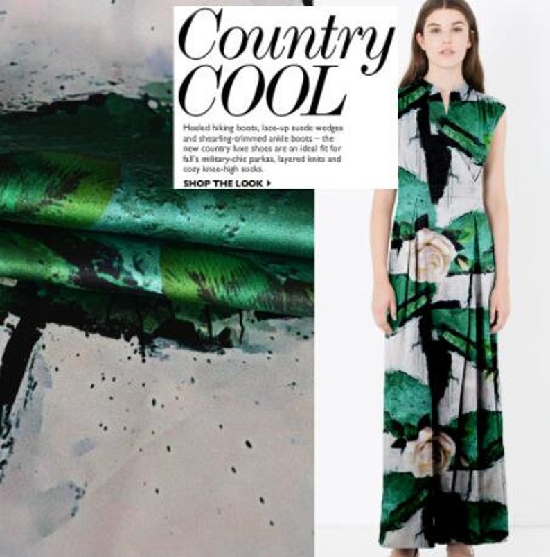 SALE New style printed silk with green leaf and cream white flower by the yard for party-HJH silk dress fabric 20 mm silk fabric