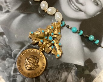 RESERVE your SPOT vintage assemblage goldtone and turquoise upscaled altered art necklace armed forces medallion faux pearl rosary beads