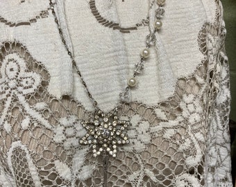 SILVER SPOON faux pearl and rhinestone star pendant necklace vintage assemblage altered art mixed media upscaled repurposed