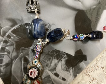 MINI GUITAR Italian micro mosaic lapis upscaled repurposed vintage assemblage necklace with millefiori beads