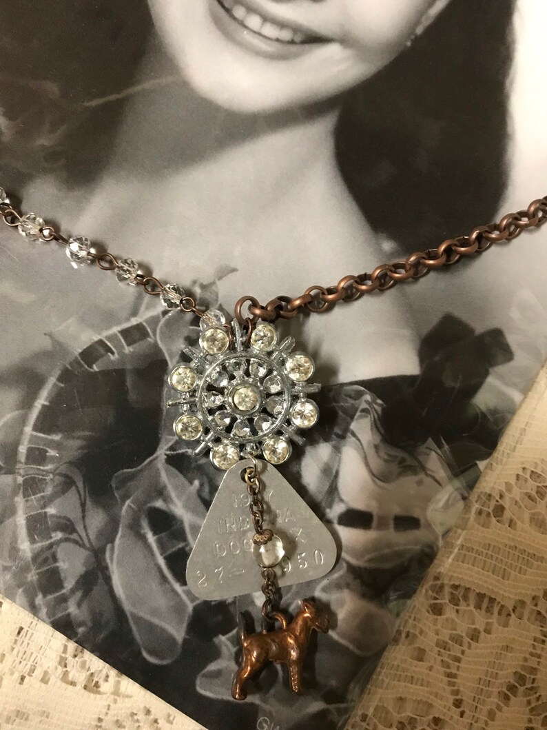 MY LITTLE DOG canine dog tag charm vintage assemblage necklace rhinestone rosary upscaled brooch repurposed altered art mixed media