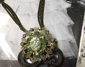 GREEN GODDESS vintage assemblage door pull upscaled repurposed necklace altered art mixed media