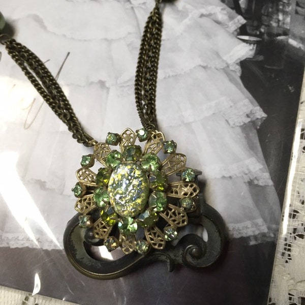 GREEN GODDESS vintage assemblage door pull upscaled repurposed necklace altered art mixed media