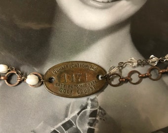 LETS GOLF tag vintage assemblage rosary bead charm bracelet Potomac park upscaled repurposed altered  art mixed media