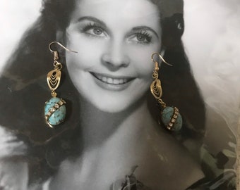 Marbled turquoise rhinestone vintage assemblage cabochon earrings upscaled repurposed altered art mixed media