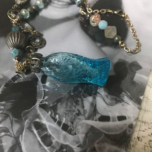 THE FISH vintage turquoise glass mini bottle pendant necklace upscaled repurposed altered art mixed media necklace image 3