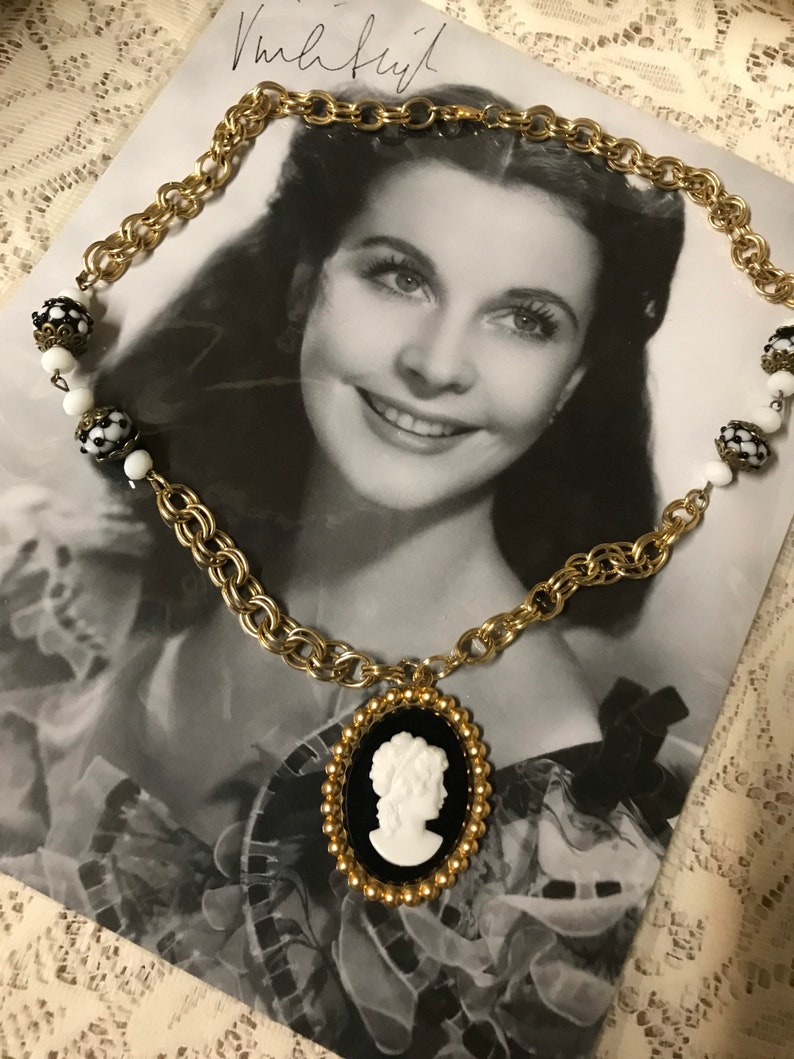 CAMEO PORTRAIT black white beaded vintage assemblage necklace altered art mixed media