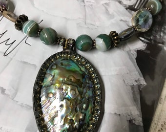 Genuine Abalone rhinestone beaded necklace with agate stones turquoise earth tones