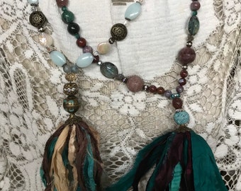 Multicolored silk tassel jeweled necklaces unique handcrafted statement boho
