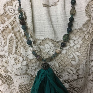 Your choice burgundy green blue cream brown turquoise teal boho silk tassel necklace agate beads iridescent image 4