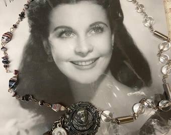 ROYAL LADY silvertone cameo charm altered art  vintage assemblage necklace upscaled repurposed mixed media