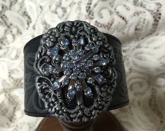 BUCKLE UP blue rhinestone silvertone buckle leather upscaled vintage assemblage bracelet repurposed altered art mixed media