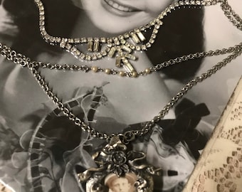 BELOVED SON pewter picture frame locket vintage assemblage multistrand rhinestone necklace altered art upscaled mixed media repurposed