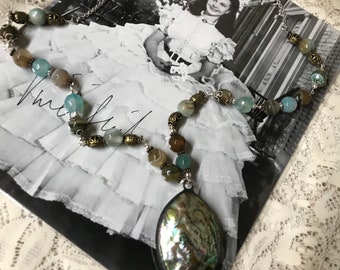 Genuine Abalone beaded agate and rhinestone necklace earthtones turquoise