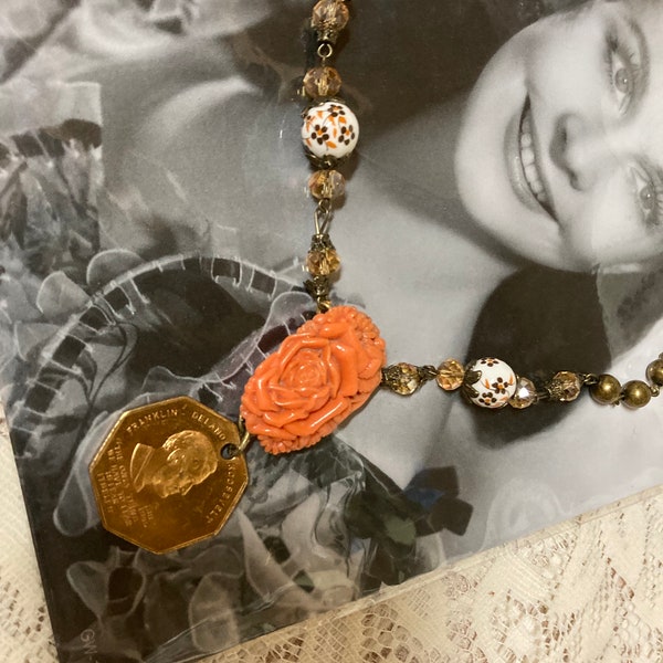 FDR President upscaled orange celluloid flower shoeclip vintage assemblage necklace repurposed altered art mixed media