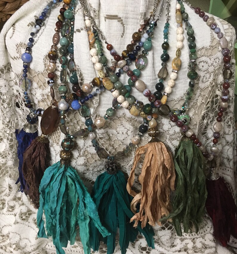Your choice burgundy green blue cream brown turquoise teal boho silk tassel necklace agate beads iridescent image 1