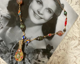 MINI banjo Italian micro mosaic upscaled repurposed vintage assemblage necklace with millefiori beads