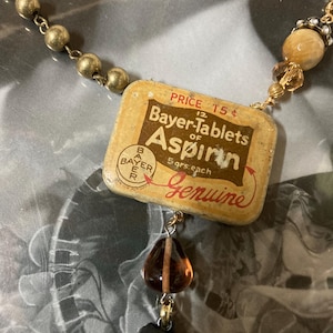ASPIRIN tin yellow vintage assemblage mini box upscaled repurposed necklace altered art mixed media