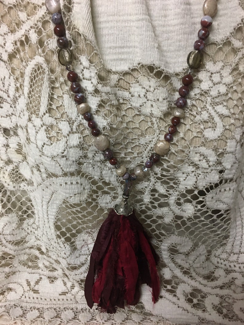 Your choice burgundy green blue cream brown turquoise teal boho silk tassel necklace agate beads iridescent image 5