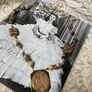 LUCKY STALLION equestrian vintage assemblage mosaic goldtone framed  mixed media jasper pearl upscaled repurposed necklace altered art