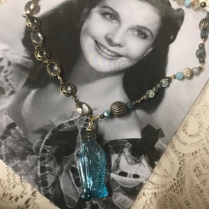 THE FISH vintage turquoise glass mini bottle pendant necklace upscaled repurposed altered art mixed media necklace image 1