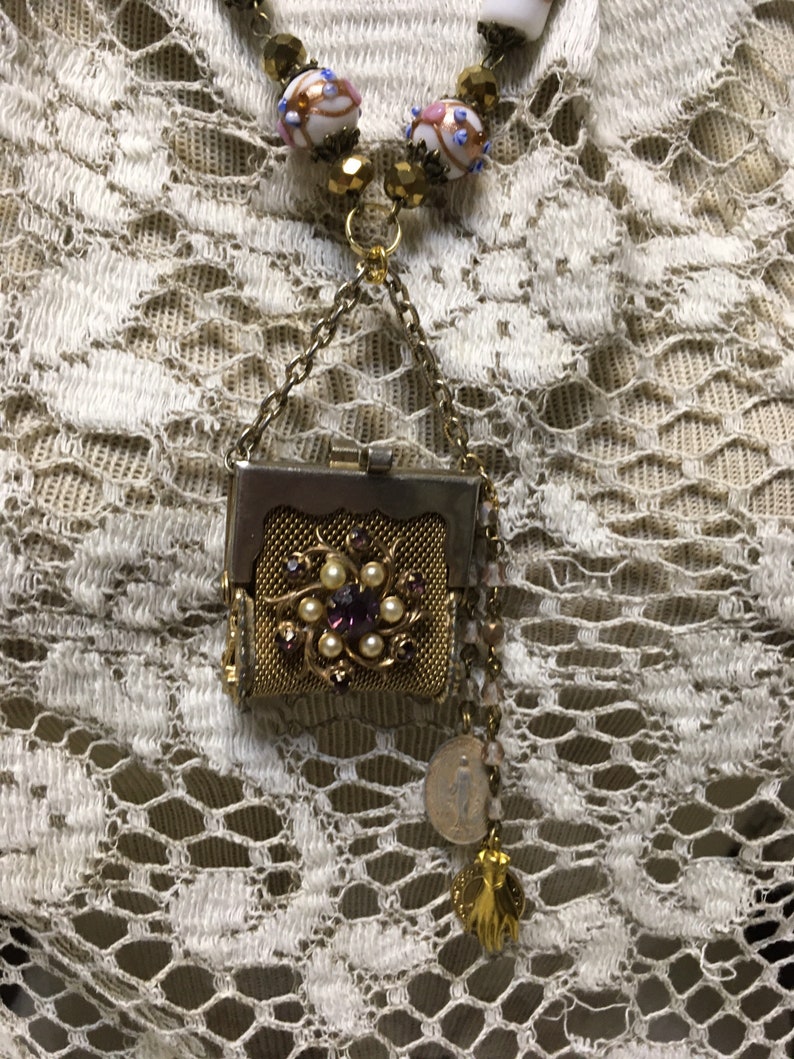 FLORAL PURSE BOUQUET purple pearl vintage assemblage mesh purse pendant charm necklace religious medallion altered art repurposed image 1