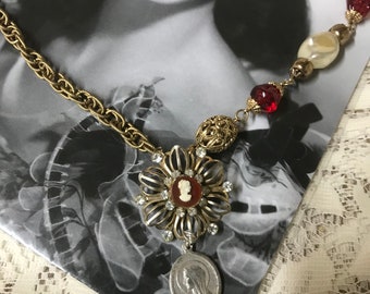 MY LADY vintage assemblage cameo religious coin saint red and pearl rosary bead altered art mixed media necklace upscaled repurposed