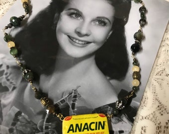 ANACIN vintage tin upscaled repurposed assemblage necklace altered art repurposed mixed media