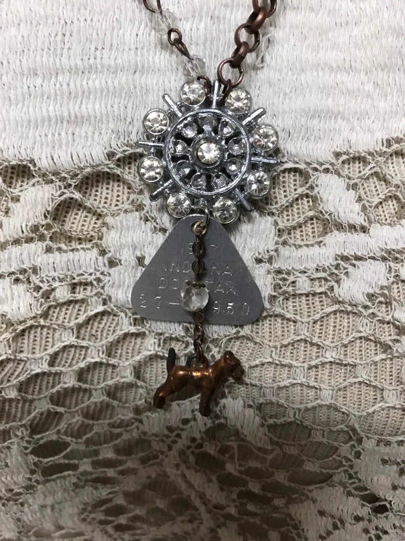 MY LITTLE DOG canine dog tag charm vintage assemblage necklace rhinestone rosary upscaled brooch repurposed altered art mixed media