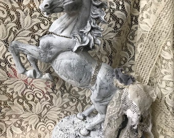 Large rhinestone jeweled shabby chic distressed white horse statue with crown , shabby cottage tattered lace and fabric tail