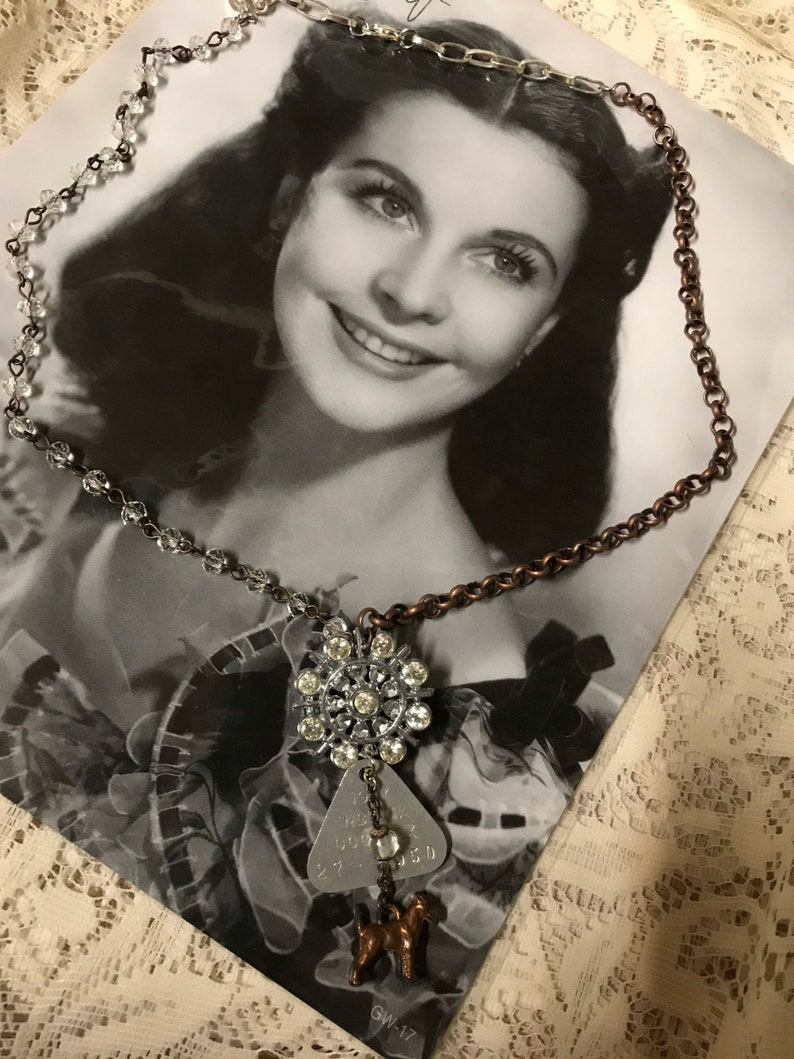 MY LITTLE DOG canine dog tag charm vintage assemblage necklace rhinestone rosary upscaled brooch repurposed altered art mixed media