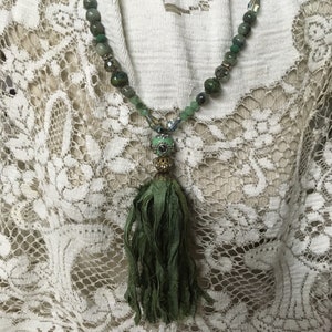 Your choice burgundy green blue cream brown turquoise teal boho silk tassel necklace agate beads iridescent image 2