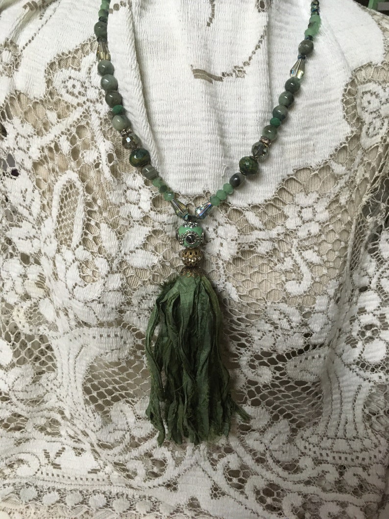 Your choice burgundy green blue cream brown turquoise teal boho silk tassel necklace agate beads iridescent image 2