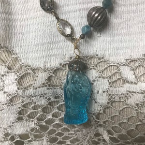 THE FISH vintage turquoise glass mini bottle pendant necklace upscaled repurposed altered art mixed media necklace image 7